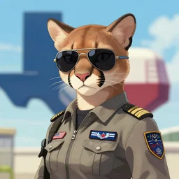 character portrait feature of the anthro female anthropomorphic puma bobcat fursona wearing aviator sunglasses fighter jet pilot outfit uniform professional pilot for us air force character design stylized by charlie bowater, ross tran, artgerm, and makoto shinkai, detailed, soft lighting, rendered in octane, texas in background