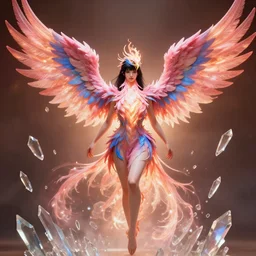 a photo of 8 k ultra realistic black haired woman with pink and blue flaming phoenix wings, swarm of transparent glass shards, d & d, fantasy, cinematic lighting, highly detailed, artstation, concept art, smooth, sharp focus, illustration, warm light, cozy warm tint, magic the gathering artwork, volumetric lighting, art by akihiko yoshida, greg rutkowski