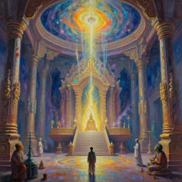 highly detailed painting of the inside of a dmt temple filled with magical energy by mad dog jones and alex grey
