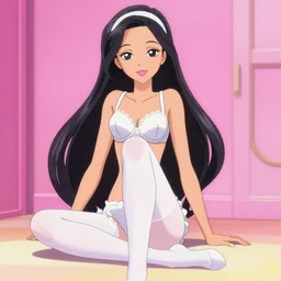 anime barbie in white stockings, white bra,