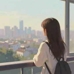 a digital painting of a girl looking at a distant city