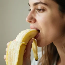close up photography of a woman that is about to bite into a banana but she just didnt do it yet, profile, close camera