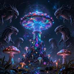 Wide angle photo, Psychedelic Alien with psychedelic mushroom, Dark Neon colored Universe, cosmic entities, sacred geometry, space krakens by H.R, Giger, octane render trending on artstation HD
