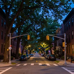 avenue, median with trees, uptown neighborhood, neighborhood, liminal space, traffic lights, blue hour