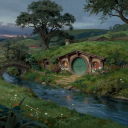A very detailed matte painting of Hobbiton near a river in the countryside, evening, Moebius, Artstation