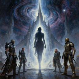 an epic hyperspace light technology temple with female silhouette, tim hildebrandt, wayne barlowe, bruce pennington, donato giancola, trending on artstation, cinematic composition, beautiful lighting, hyper detailed, 8 k, oil on canvas