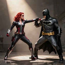 black widow from avengers punching batman, hi - res, photograph