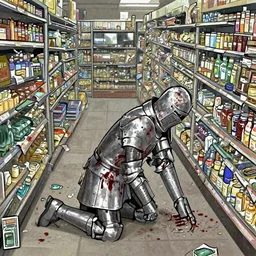 a bloody knight crawling on his knees at a liminal grocery store. he is begging his wife to kill him.