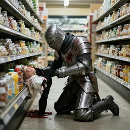 a bloody knight crawling on his knees at a liminal grocery store. he is begging his wife to kill him.