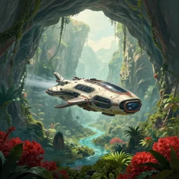 futuristic scifi vehicle flying through a prehistoric jungle cave, mountains, vines, water, red shrubs, lush flora, beautiful pencil artwork, volumetric lighting, haze, raytracing, 8 k