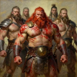 bulky muscular scottish warriors with red hair, tribal blood red war paintings, waist plate armor, 4 k oil on linen by wlop, artgerm, andrei riabovitchev, nuri iyem, james gurney, james jean, greg rutkowski, highly detailed, soft lighting 8 k resolution