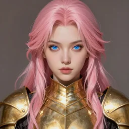 a beutifull knight woman , symetrical face , golden armor , blue eyes pupills, pink long haire , highly detailed, digital painting, in the style of ilya kuvshinov and artgerm, high definition digital art
