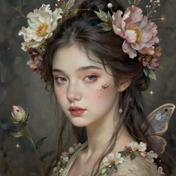 a beautiful floral fae, sweet graceful beauty, esoteric, muted colors, head in focus, fae aesthetics, intricate details, elegant, highly detailed, hyperrealistic painting, concept art, painterly, sharp focus, illustration, art by hans jokem bakker