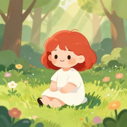 a cute young girl with short curly red hair sitting in a field of flowers, god rays are passing through the trees in the background, cute digital drawing