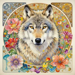 an intricate oil painting of a beautifull wolf portrait surounded by hiper detailed inkdrop in water, flowers, melting colorfull wax, coloful flower petals, fluid acrilic art, colorfull, excelent composition, wide shot, by yoshitaka amano, by greg rutkowski, by alphonse mucha by jeremyg lipkinng, by rhads, by ross