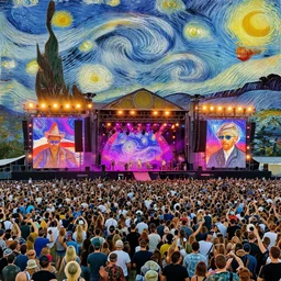 techno party rave gigantic stage and thousands of party people beautiful picture and scenery, vibrant colors, mixed media collage by greg rutkowski, by jeremy mann, by francoise nielly, by van gogh