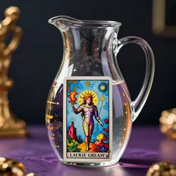 vibrant ultra clear glass water jug tarot card by laurie greasley rene magritte gustave dore, aquarius zodiac, full color, cinematic dramatic lighting, hyper realistic detailed intricate render, hypermaximalist, ornate, epic composition, 4 k 8 k, octane blender, sharp focus, concept art, masterpiece award winning