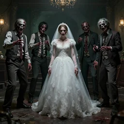 resident evil group of zombie dressed at wedding party concept art, highly detailed, scary, dimly lit, hd