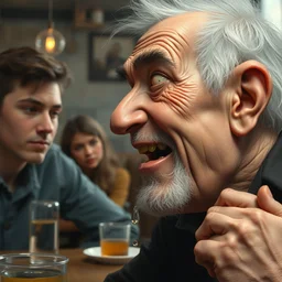 closeup face profile portrait of mad male boomer telling a dad joke to bored millennials, he is laughing maniacally. he has drops of saliva. he is in a hip cafe. nicoletta ceccoli, mark ryden, lostfish, hyung tae, frank frazetta, hyper realistic, artstation, illustration, digital paint, matte paint, detailed.