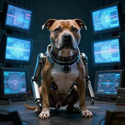 muppet cyborg - pitbull, surrounded by screens, in 1 9 7 6, y 2 k cybercore, industrial low - light photography, still from a ridley scott movie