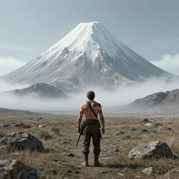 man with scars exploring a land where he got a mountain like the mordor to explore gege akutami style, overdetailed art n 3