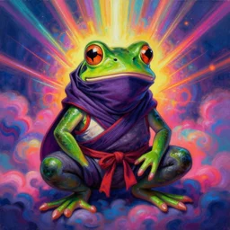 [ style ] [ oil painting ] [ palate ] [ vibrant gothic colors ] 👾 👽 anthropomorphic frog 🐸 dressed as a ninja, vibrant neon nebulous clouds, radiant light rays, photorealistic painting, intricate and fine details, volumetric lighting, artstation, symmetrical details,
