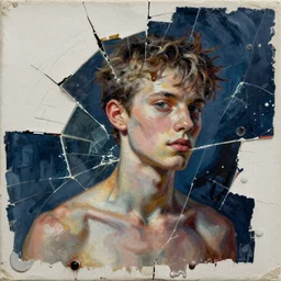 fragile boy from fight club detailed mixed media collage with canvas texture in style of contemporary art, punk art, photorealism, sensual bodies, expressionism, masterpiece, perfect composition, spectacular quality, intricate oil details, broken glass photo, torn paper intricate texture, large cracks, liquid glue spots, dark blue and white chaotic background