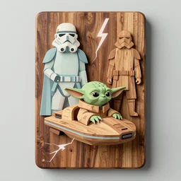 wooden jedi, speeder piloted by yoda, wooden board, mahogany, empreror, nordic pastel colors, perfect lightning