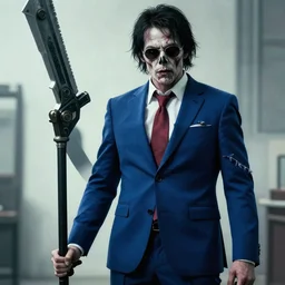 cinematic still of a dead by daylight killer lawyer wearing a ripped blue business suit with a giant weapon, character portrait