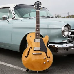 portrait of a gibson es - 3 3 5 guitar 1 9 5 3 cadillac in a pit of fire, nebula, symmetrical, flat digital art, the doobie brothers, cables everywhere, chrome,, new art nouveau, mucha, craig mullins, vintage,