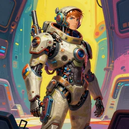 detailed and vibrant color character concept art of a detailed and hi - tech diesel punk in an empty chamber, artstation, award - winning realistic sci - fi concept art by greg rutkowski and yoshitaka amano, in the style of james gurney, flat pop color surrealist illustration.