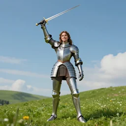 A beautiful, brown-haired Joan of Arc Jeanne d'arc in a shining armor raising her sword, standing victorious on a green hill, award-winning artstation