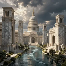 capital city of a fantasy kingdom with a river running through it and tall marble buildings with fantasy roman architecture, by Greg Rutkowski