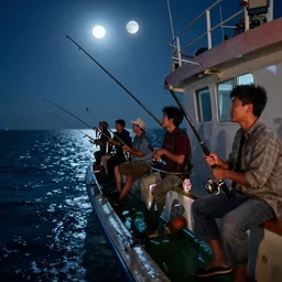 fishermen catching fish with rods in their ship at sea, fishing boat from the film Spiderman Into the Spiderverse, Craig Mullins, Robh Ruppel, Yun Ling, Vaughan Ling, Neil Ross, Peter Chan, dramatic lighting, full moon