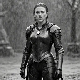 black and white scarlett johansson wearing rain soaked armour in the pouring rain, swinging a sword in frank frazetta style, pencil and ink, full body action pose, dramatic lighting in a post apocalyptic cyberpunk city, at night with dramatic moonlight, drawn with added movement effects