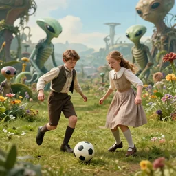 still from a sci fi blockbuster movie made in 2022, set in 1860, a boy and a girl are playing soccer with a humanoid alien, boy and the girl are wearing 1850s era clothes, in a park on a strange alien planet full of alien plants and flowers, good lighting, 8k, in focus faces, good photography, oscar winner