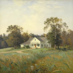 A serene landscape with a singular building in the style of Martin Johnson Heade.