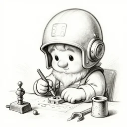 sketch of a cute chibi dnd gnome inventor tinkerer wearing a daft punk helmet, the gnome is building something, etching by louis le breton, 1 8 6 9, 1 2 0 0 dpi scan