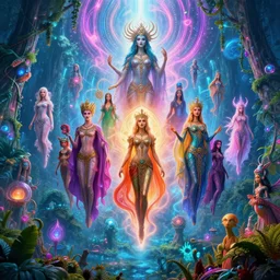 mysterious ancient dieties hovering over magical quantum jungle, infinite psychic waves, synthwave, bright neon colors, highly detailed, cinematic, wide angle, tim white, michael whelan, roger dean, bob eggleton, lisa frank, vladimir kush, kubrick, kimura, isono