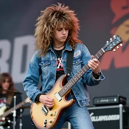 1 9 - year - old girl or boy with shaggy, unkempt, permed hair, double denim, headbanging, playing electric guitar, heavy rock concert, grunge rock, 1 9 9 2 live at lollapalooza, vhs quality