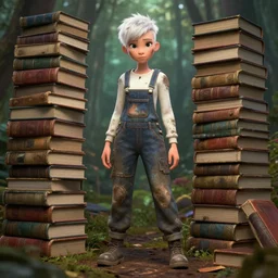 full body pose, beautiful adult fairy, pixar, short white hair shaved sides, dirty, grungy, grunge, long sleeve, painted overalls, magic stacks of giant books in a forest, highly detailed, 4 k, hdr, smooth, sharp focus, high resolution, award - winning photo, artgerm, photorealistic