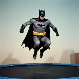 Adam West Batman jumping on trampoline, vintage 60s photography