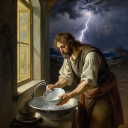 A biblical painting of Jacob Washing dishes next to a window by Gustave Doré, Scenic, Dramatic, lightning storm in background