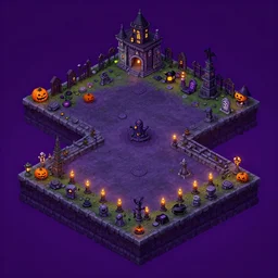 evil graveyard halloween themed isometric 2. 5 d game level, myvmk, with detailed stone, lanterns, disney, haunted mansion, toon shader, arnold maya render, artstation by miha rinne