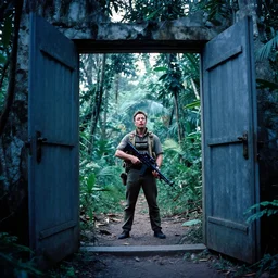 film still, extreme far view, elon musk, jungle, vietnam door gunner, apocalypse now, associated press, 2 6 mm, kodak ektachrome, blue tint expired film