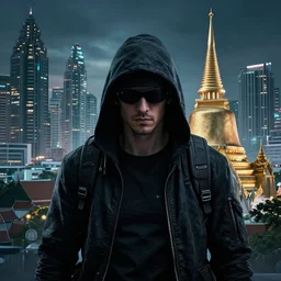 highly detailed portrait of a cyberpunk hacker in front of a futuristic bangkok skyline and a buddhist temple by wadim kashin, dark colors, high contrast