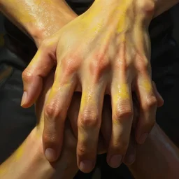 epic masterpiece portrait of hands, drama, sweaty skin, hyperrealistic, octane render, cinematic, beautiful  and flawless skin, perfect hands, 5 fingers,  yellow by Edgar Maxence and Ross Tran and Michael Whelan and Lorenzo Sperlonga, Brom, Legends of Runeterra