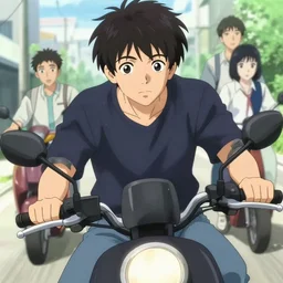 anime visual, illustration of a young man riding around town on his new motorbike, handsome face by ilya kuvshinov, yoshinari yoh, makoto shinkai, katsura masakazu, dynamic perspective pose, detailed facial features, kyoani, rounded eyes, crisp and sharp, cel shad, anime poster, ambient light,