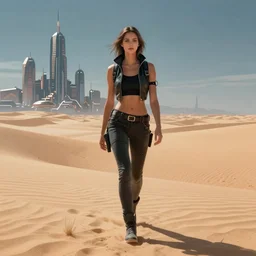 a cyberpunk woman walks in the desert, in the distance you can see a futuristic city, art by moebius, highly detailed, sharp focus,
