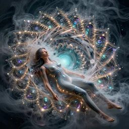 fractals!! calm, healing, resting, water, hybrids, tech wear!!!, scifi, glowing lights!! intricate elegant, lens flares, chromatic abberation!!!, highly detailed, volumetric, smoke, digital photograph, artstation, concept art, smooth, sharp focus, thin glowing wires, illustration, art by greg rutkowski and alphonse mucha, singularity!!!